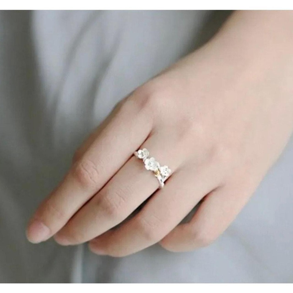 925 Sterling Silver Cherry Blossom Ring White Enamel Floral Adjustable